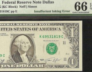 Gem 1974 $1 Dollar Bill Insufficient Inking Error Note Paper Money Pmg 66 Epq