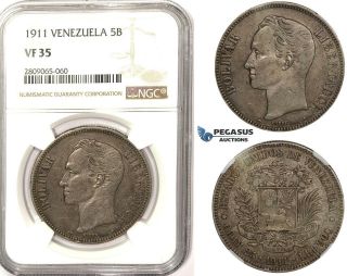R829,  Venezuela,  5 Bolivares 1911,  Silver,  Ngc Vf35