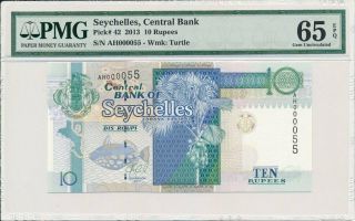 Central Bank Seychelles 10 Rupees 2013 Low S/no 000055 Pmg 65epq