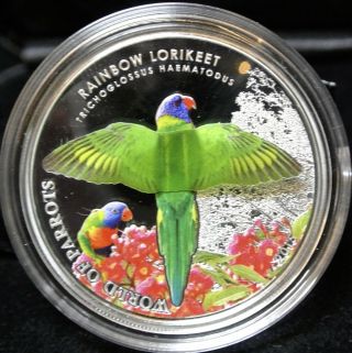 2015 Cook Islands - $5.  925 Silver 3d Coin - World Of Parrots Rainbow Lorikeet