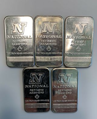 Five National Refiners One Ounce Pure Silver Bars With Serial Numbers