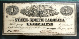 1863 $1 STATE OF NORTH CAROLINA RALEIGH PMG 63 CSA CIVIL WAR ERA OBSOLETE ISSUED 3