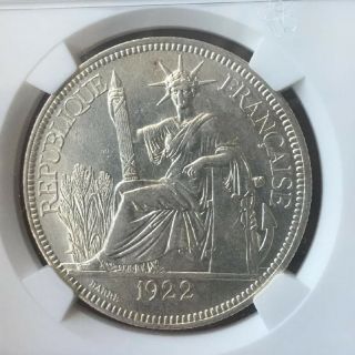 1922 French Indo - China 1 Piastre Silver Coin Ngc Au