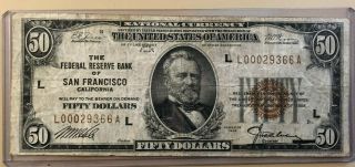 1929 $50 Fifty Dollar Federal Reserve Bank Note San Francisco