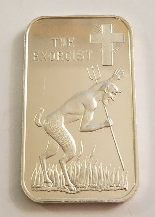 The Exorcist Devil In Flames Down Low Christian Cross Above World Wide