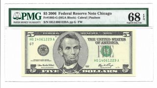 2006 $5 Chicago (old Style) Banknote Pmg Gem Uncirculated 68 Epq 1 Of 2
