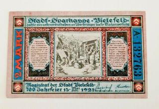 Bielefeld Notgeld 2 Mark 1921 Emergency Money Germany Banknote (10024)