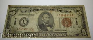 Us 1934 A $5 Five Dollar Hawaii Bill Federal Reserve Note Hawaii Brown Seal