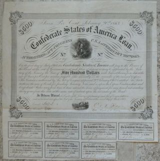 Civil War Confederate Csa $500 7 Bond Loan - Act Of Feb.  20 1863 - W/ 7 Coupons