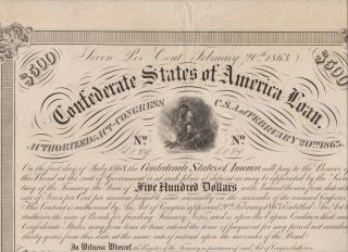 CIVIL WAR CONFEDERATE CSA $500 7 BOND LOAN - ACT OF FEB.  20 1863 - w/ 7 COUPONS 2