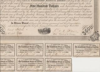 CIVIL WAR CONFEDERATE CSA $500 7 BOND LOAN - ACT OF FEB.  20 1863 - w/ 7 COUPONS 3