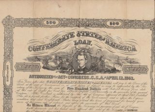 CIVIL WAR CONFEDERATE CSA $500 8 BOND LOAN - ACT OF APR.  12 1862 w/ 15 COUPONS 2