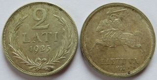 1925 Latvia 2 Lati - Ch Au,  1936 Lithuania 5 Litai,  2 Silver Coins (161842f)