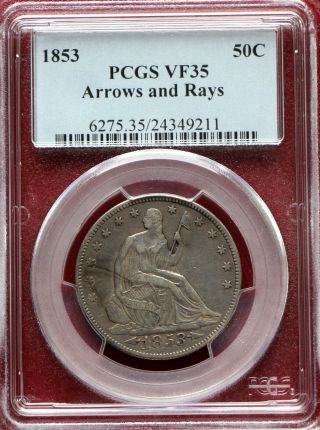 1853 Seated Liberty Half Dollar Pcgs Vf35 (arrows And Rays Variety)