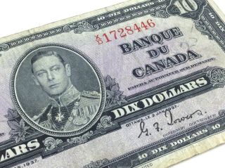 1937 Canada 10 Ten Dollar Xd Prefix Canadian George Vi Circulated Banknote J458