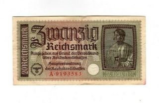 Xxx - Rare 20 Reichsmark 3 Reich Nazi Banknote Ww Ii Fine C Swastika