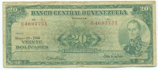 Venezuela Note 20 Bolivares 10.  5.  1966 Serial G 7 Digits P 43e F,