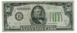 1934 Us Federal Reserve $50 Fifty Dollar Bill B York Currency Note H01767456