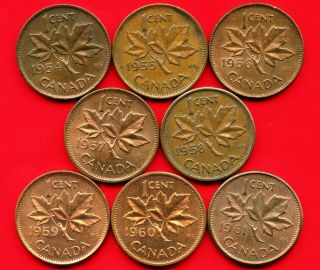 8 Canada 1 Cent Coins 1954 1955 1956 1957 1958 1959 1960 1961