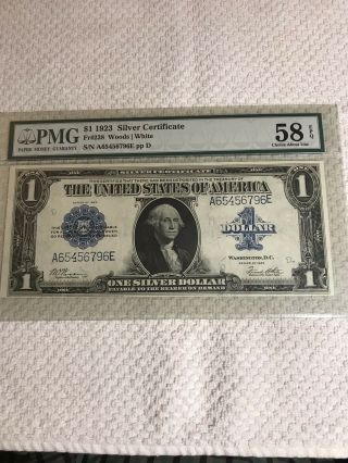 1923 $1 Silver Certificate (fr 238:woods - White) Pmg - Choice About Unc.  58 Epq