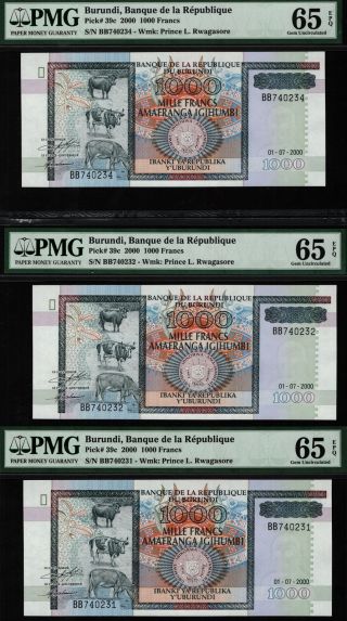 Tt Pk 39c 2000 Burundi 1000 Francs Pmg 65 Epq Gem Unc Set Of Three Notes