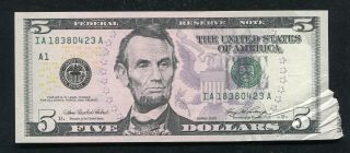 2006 $5 Frn Federal Reserve Note Boston,  Ma “paper Jam Error”