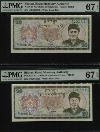 Tt Pk 23 Nd (2000) Bhutan 20 Ngultrum King Wangchuk Pmg 67q Gem Set Of 2