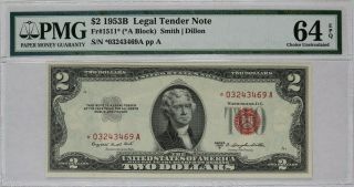 1953 B $2 Legal Tender Star Note Red Seal Pmg 64 Epq Choice Unc A Block