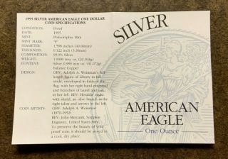 1995 - P Gem Proof American Silver Eagle Coin w/Box & - 3