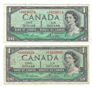 2x 1954 Canadian One Dollar Bills (circulated) $1 Xf Serial Number