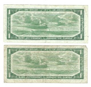 2X 1954 CANADIAN ONE DOLLAR BILLS (CIRCULATED) $1 XF Serial Number 2