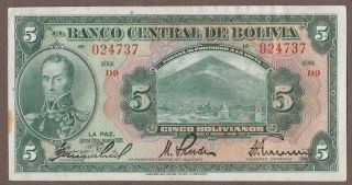 1928 Bolivia 5 Boliviano Note Unc