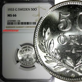 Sweden Gustaf V Silver 1933 G 50 Ore Ngc Ms66 Top Graded By Ngc Gem Bu Km 788