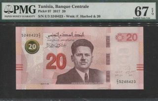 Tt Pk 97 2017 Tunisia Banque Centrale 20 Dinars " F.  Hached " Pmg 67 Epq