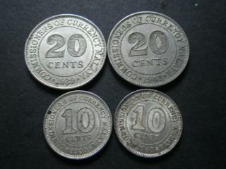 Malaya 1939 & 1948 20 Cents & 1939 & 1941 10 Cents Vf - Ef