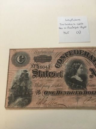 Confederate States Of America Currency 1864 $100 Note.  T - 65