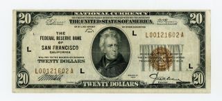 1929 Fr.  1870 - L $20 U.  S.  (san Francisco,  California) Federal Reserve Bank Note