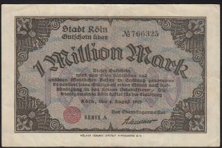 1923 1 Million Mark Koeln Germany Old Vintage Emergency Money Banknote Bill Vf