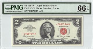 United States 1963a Fr.  1514 Pmg Gem Unc 66 Epq 2 Dollars Legal Tender Star