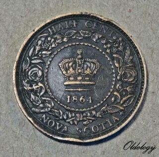 Canada Nova Scotia 1/2 Cent Coin 1864 Victoria Bronze 2.  84g Km 7 Vfine 489