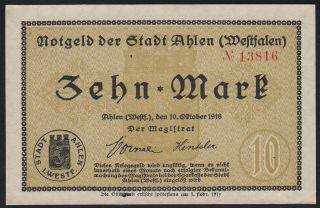 1918 10 Mark Germany Ahlen Vintage Emergency Wwi Money Banknote Notgeld Aunc