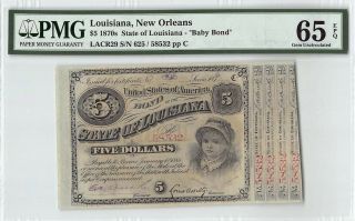 United States / Louisiana 1874 Pmg Gem Unc 65 Epq 5 Dollars Baby Bond