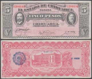 Revolutionary Mexico Estado Chihuahua,  5 Pesos,  D.  1915,  Vf,  P - S532a/m922 (h)