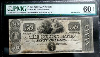 $50 Jersey Newton 1830s The Sussex Bank Nj390 G50a Pmg 60 Uncirculated