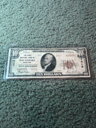 1929 $10 National Banknote Currency Baltimore Maryland Ch 1413