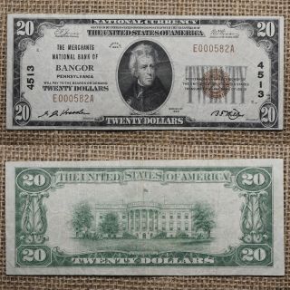 1929 $20 Bangor Pennsylvania Pa National Currency Bank Note Bill Ch 4513