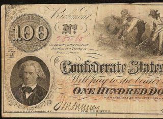 1862 $100 Dollar Confederate States Currency Civil War Hoer Note Csa Paper T - 41