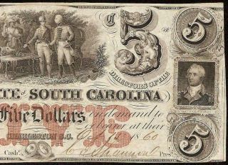 1860 $5 DOLLAR BILL SOUTH CAROLINA BANK NOTE LARGE CURRENCY OLD PAPER MONEY 2