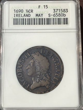 1690 James Ii Ireland 1/2 Crown Gun Money Rebellion Coin F15
