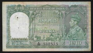 British India Burma,  1938,  10 Rupees,  Jb Taylor Sign,  Prefix 